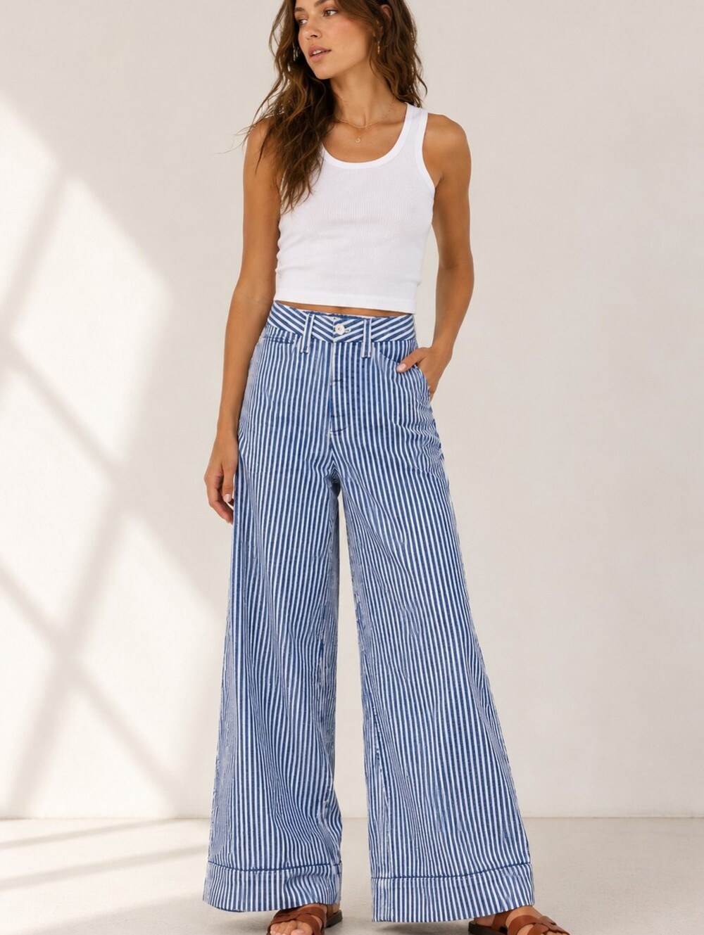 Madewell Striped Wide Leg  Pants Women's 25 Blue White High Rise Nautical